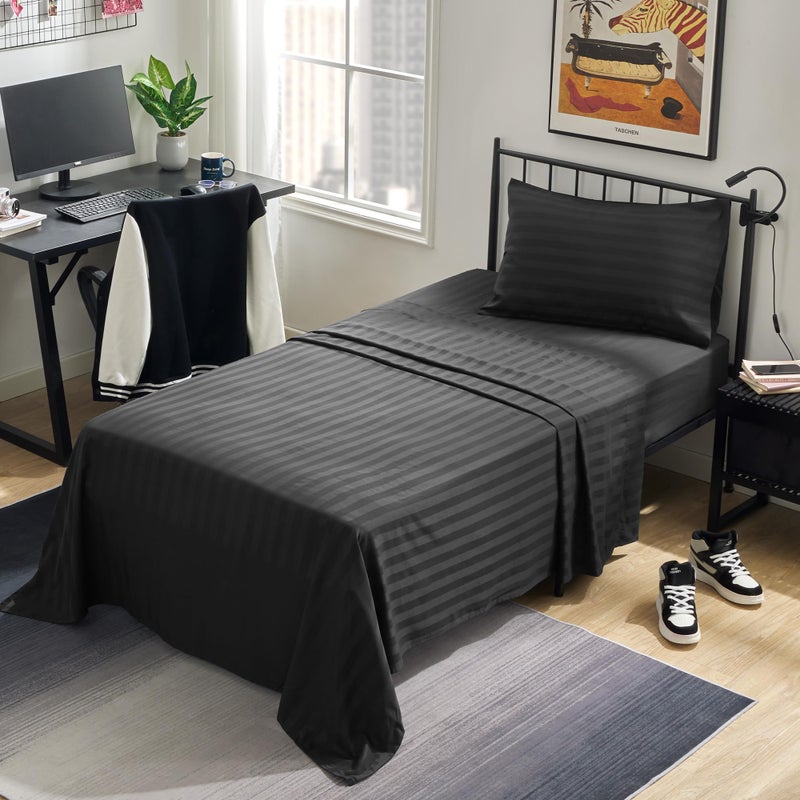SLEEP ZONE Striped Cooling Sheets Set Full Size - Fitted Flat Sheet & Pillowcase Sets 4 Piece - Super Soft Stripe Bed Sheet, Easy Care, Deep Pocket (Black, Full) - Image 1